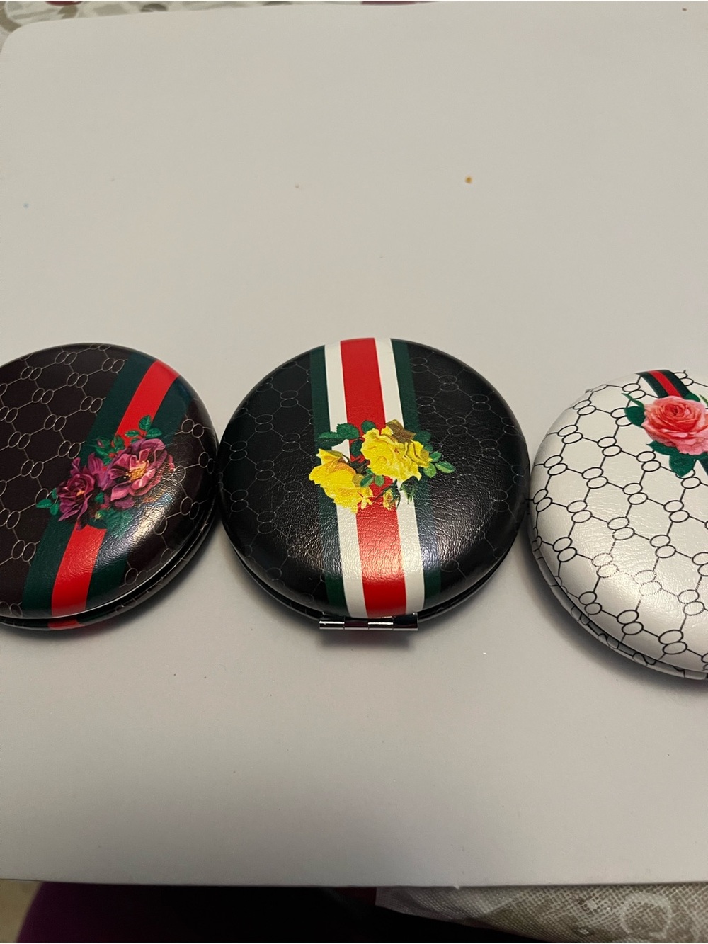 Floral Striped Compact Mirror - White with Red & Green Accents - Picture 3 of 3